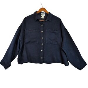 Cynthia Rowley Lg Navy Blue 100% Linen Button Down Crop Shirt Boxy Beach Natural
